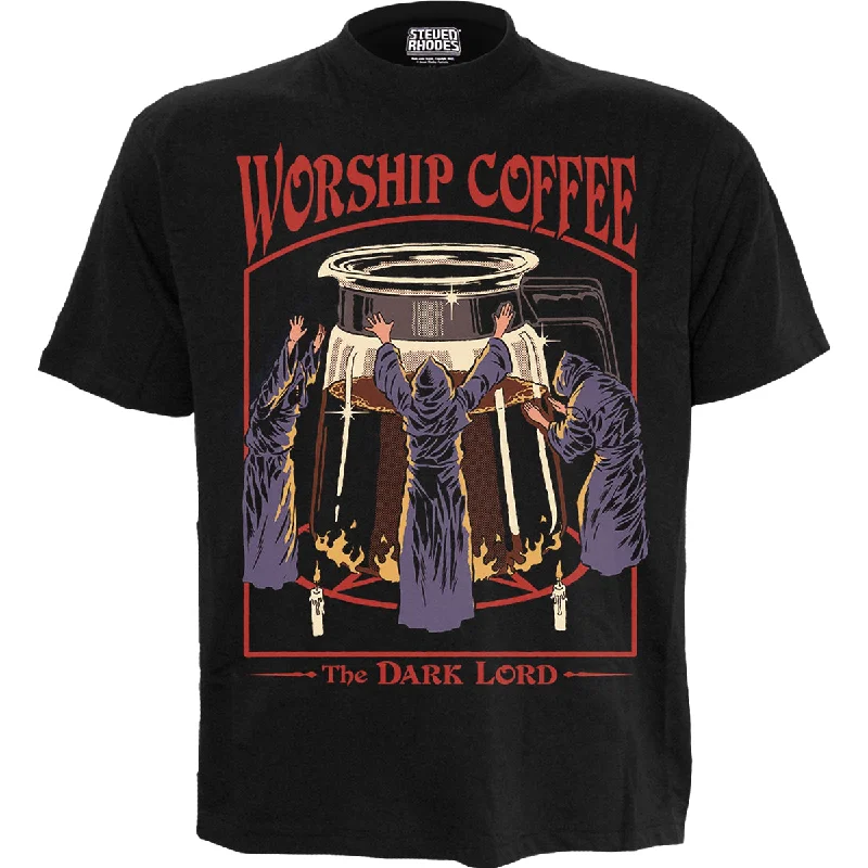 men's v-neck t-shirts -STEVEN RHODES - WORSHIP COFFEE - Front Print T-Shirt Black