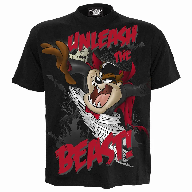 men's patterned t-shirts -TAZ - UNLEASH THE BEAST - Front Print T-Shirt Black