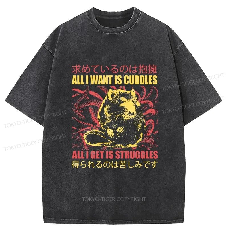 men's bold print t-shirts -Tokyo-Tiger All I Want Is Cuddles Washed T-Shirt