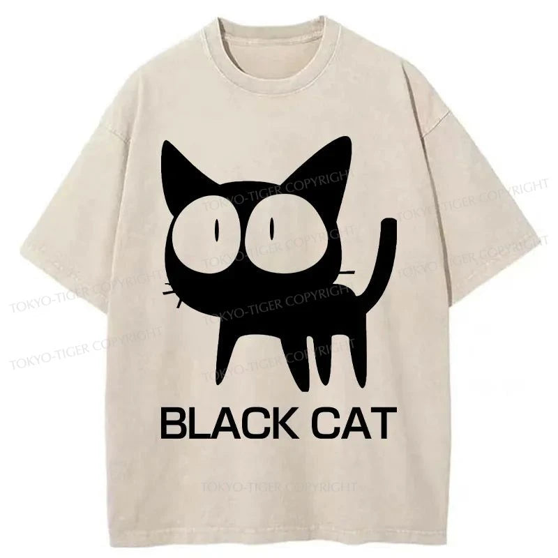 men's eco-friendly t-shirts -Tokyo-Tiger Black Cat Japanese Washed T-Shirt