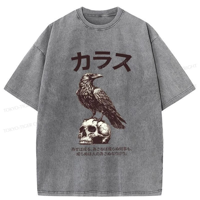 men's stylish short-sleeve t-shirts -Tokyo-Tiger Black Raven On A Skull Washed T-Shirt