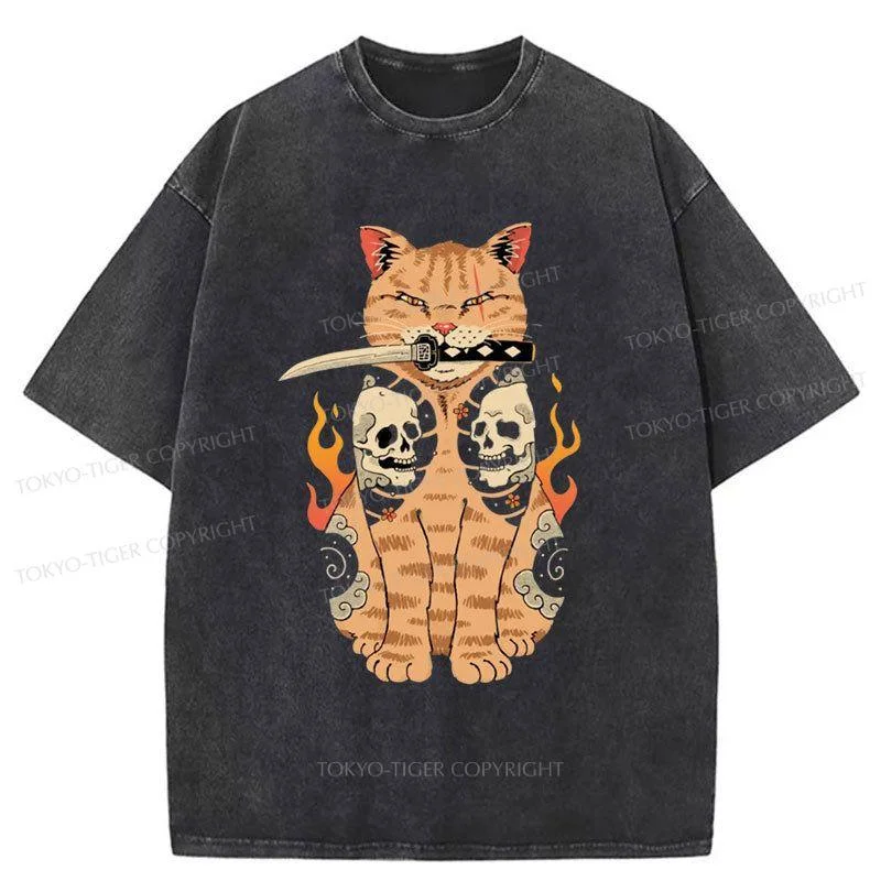 men's printed photo t-shirts -Tokyo-Tiger Catana Cat Skull Tattooed Samurai Washed T-Shirt