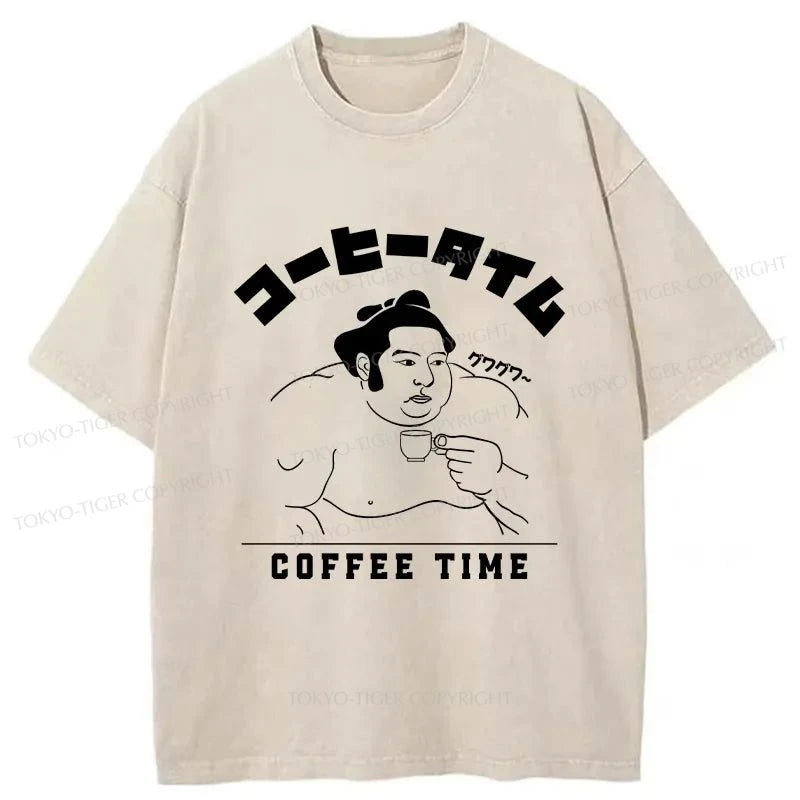 men's casual wear t-shirts -Tokyo-Tiger Coffee Time Japanese Washed T-Shirt