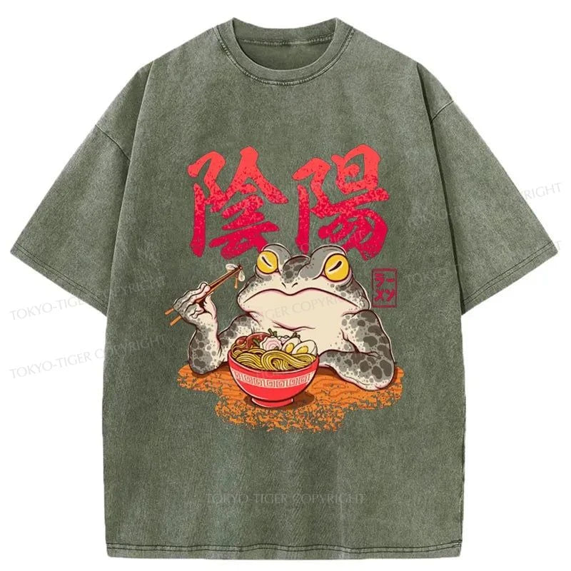 men's soft-touch t-shirts -Tokyo-Tiger Frogs Eat Ramen Japanese Washed T-Shirt