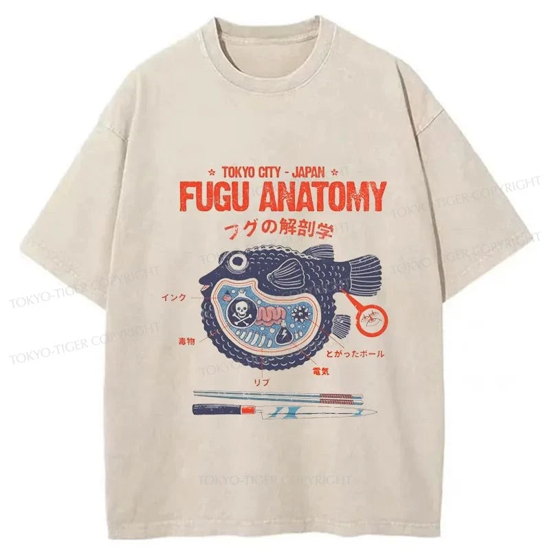 men's casual t-shirts -Tokyo-Tiger Fugu Anatomy Washed T-Shirt