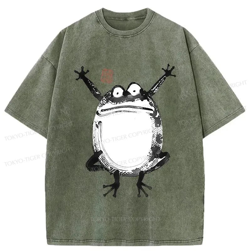 men's printed t-shirts -Tokyo-Tiger Funny Frog Jump Washed T-Shirt