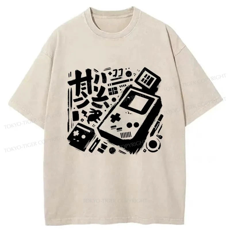 men's fitted t-shirts -Tokyo-Tiger Games Console Japanese Washed T-Shirt