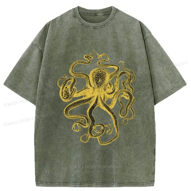 men's long-sleeve t-shirts -Tokyo-Tiger Golden Octopus Drawing Washed T-Shirt