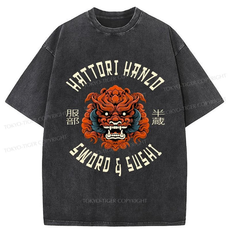 men's fashionable t-shirts -Tokyo-Tiger Hattori Hanzo Sword Art Prints Washed T-Shirt