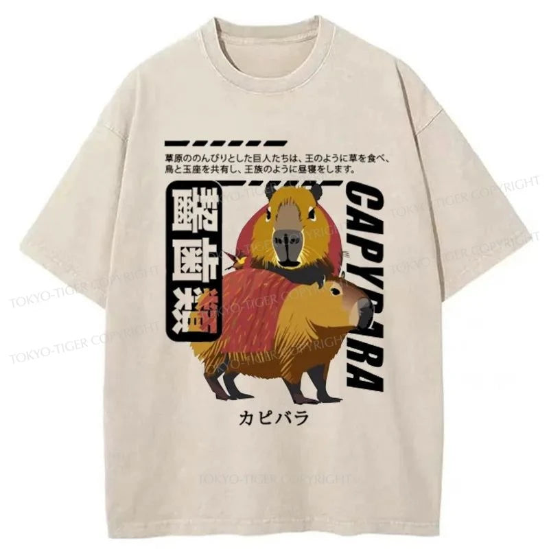 men's stylish t-shirts -Tokyo-Tiger Japanese Capybara Washed T-Shirt