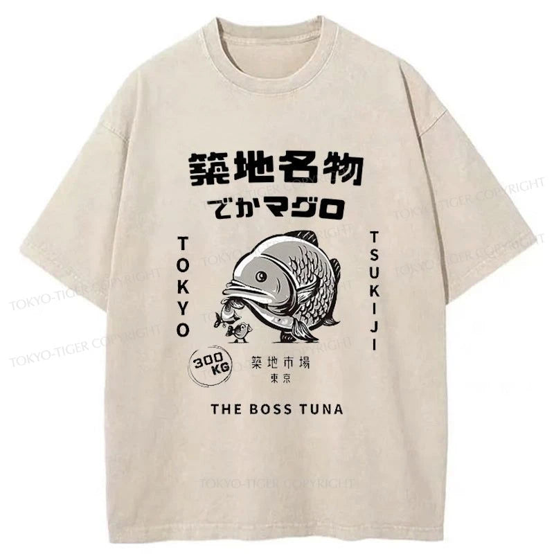 men's slim-fit graphic t-shirts -Tokyo-Tiger Japanese Kanji Art Giant Tuna of Tokyo Washed T-Shirt