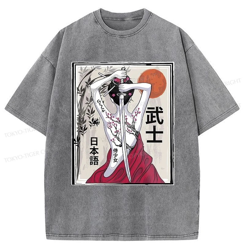 men's fitted t-shirts -Tokyo-Tiger Japanese Samurai Scenery Washed T-Shirt