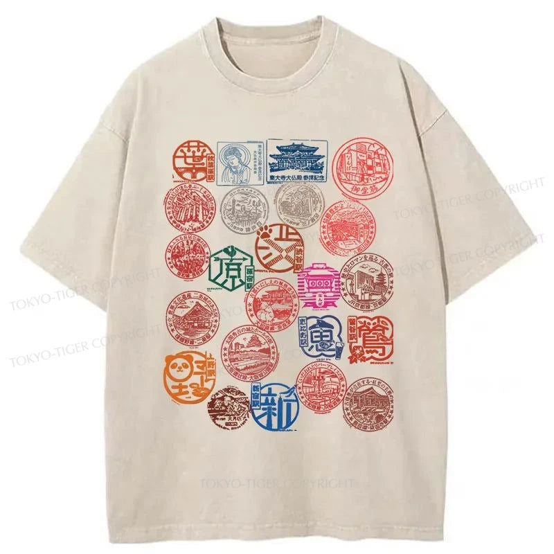 men's unique design t-shirts -Tokyo-Tiger Japanese Seal Collection Washed T-Shirt