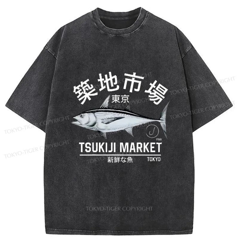 men's streetwear t-shirts -Tokyo-Tiger Japanese Tsukiji Market Retro Washed T-Shirt