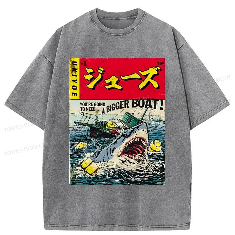 men's basic round-neck t-shirts -Tokyo-Tiger Killer Shark Poster Washed T-Shirt