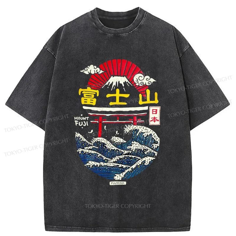 men's bold print t-shirts -Tokyo-Tiger Mount Fuji Graphic Design Washed T-Shirt