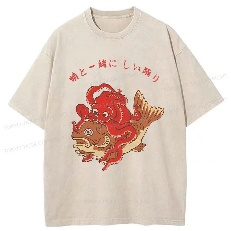 men's bold print t-shirts -Tokyo-Tiger Octopus And Koi Dance Together Washed T-Shirt