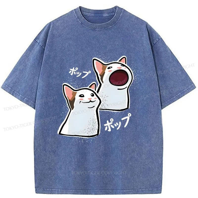 men's luxury t-shirts -Tokyo-Tiger Popping Cat Meme Washed T-Shirt