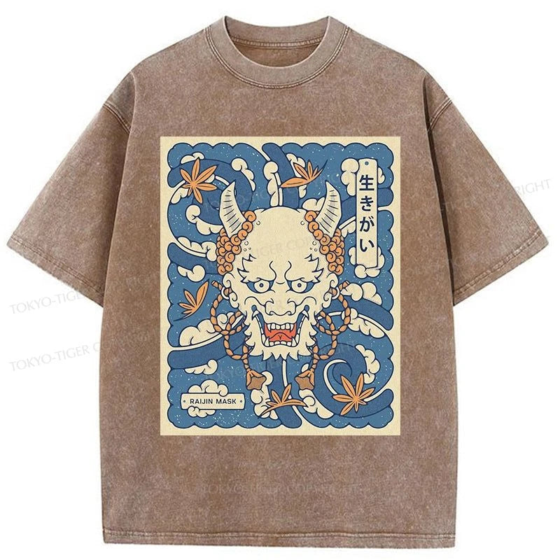 men's vintage t-shirts -Tokyo-Tiger Raijin Japanese Mask Washed T-Shirt