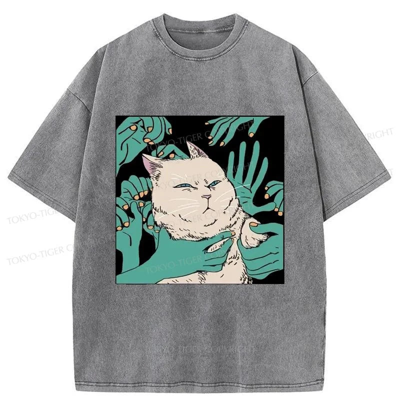 men's cotton-rich t-shirts -Tokyo-Tiger Scary Cat Japanese Washed T-Shirt