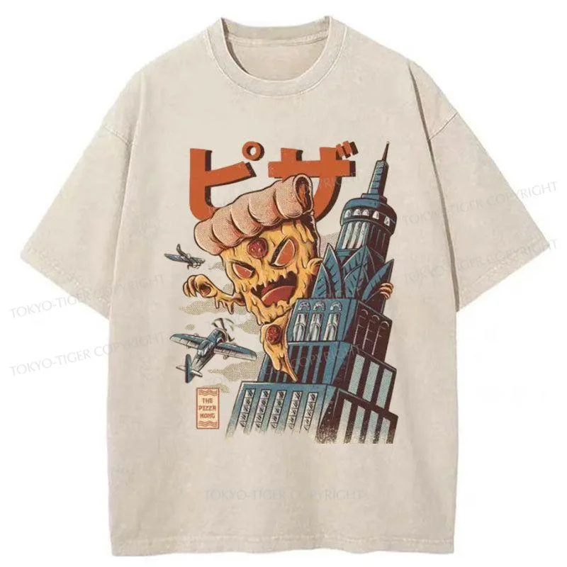 men's summer graphic t-shirts -Tokyo-Tiger The Great Pizza Kaiju Japanese Washed T-Shirt