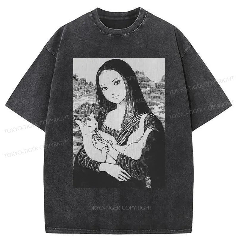 men's printed slogan t-shirts -Tokyo-Tiger The Scary Mona Lisa Smile Washed T-Shirt