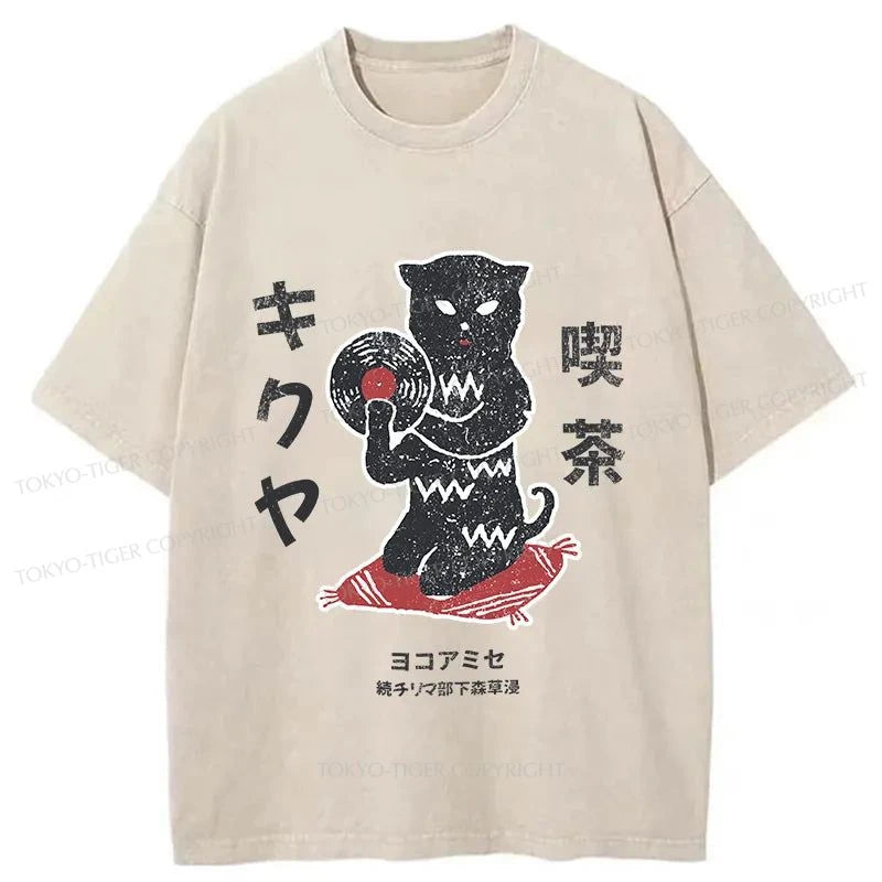 men's high-end t-shirts -Tokyo-Tiger Vintage Black Cat Japanese Washed T-Shirt