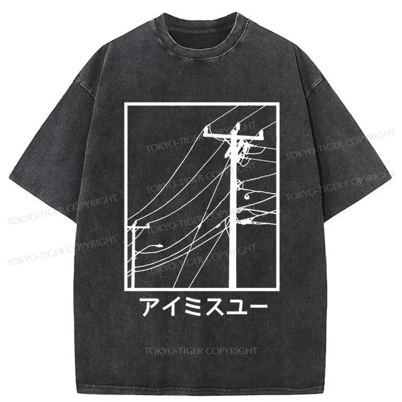 men's basic round-neck t-shirts -Tokyo-Tiger Wires And Cables Washed T-Shirt