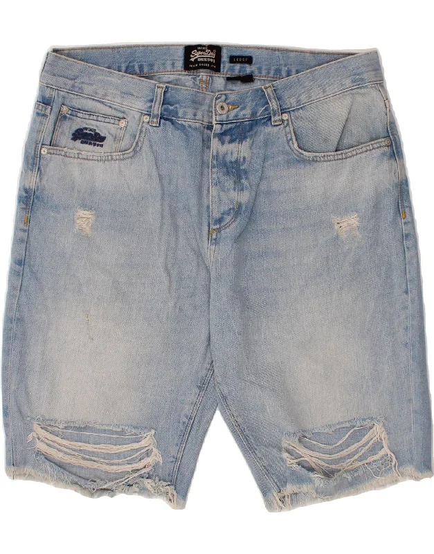 men's printed shorts -SUPERDRY Mens Distressed Loose Fit Denim Shorts W34 Large Blue Cotton