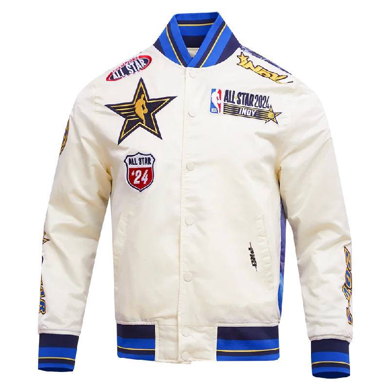 men's sleek leather jackets -NBA ALL STAR GAME 2024 MEN'S SATIN JACKET (EGSHELL/MIDNIGHT NAVY/ROYAL BLUE)