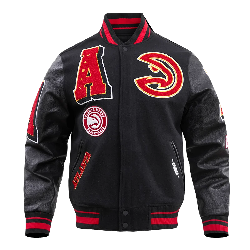 men's fleece-lined jackets -NBA ATLANTA HAWKS MASHUP MEN'S RIB WOOL VARSITY JACKET (BLACK/RED/BLACK)