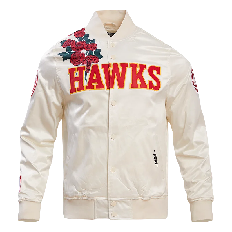 men's warm puffer jackets -NBA ATLANTA HAWKS ROSES MEN'S SATIN JACKET (EGGSHELL / MULTI)