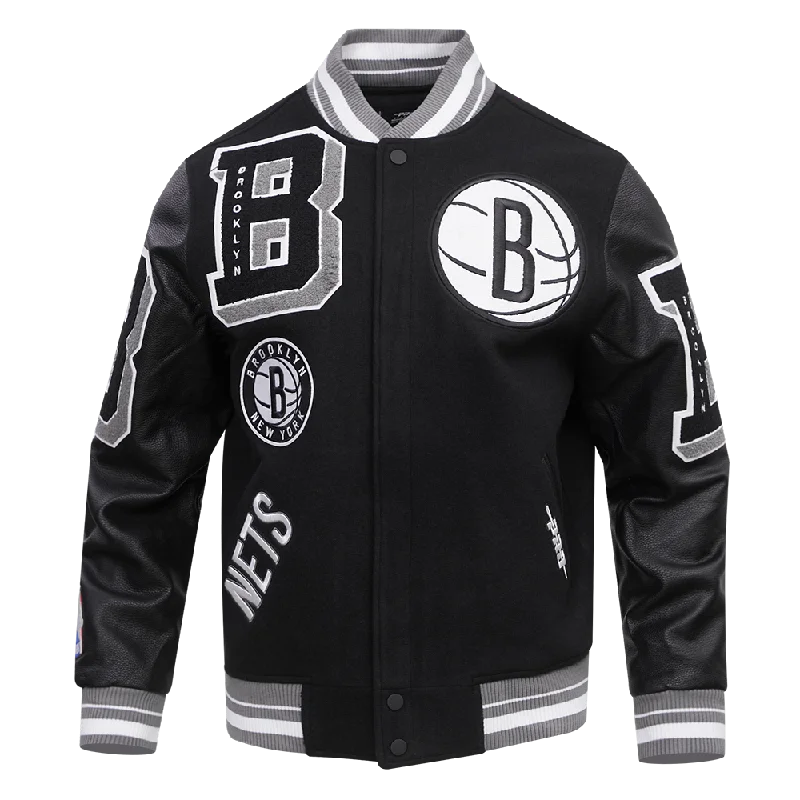 men's casual zip-up jackets -NBA BROOKLYN NETS MASHUP MEN'S RIB WOOL VARSITY JACKET (BLACK/GRAY)