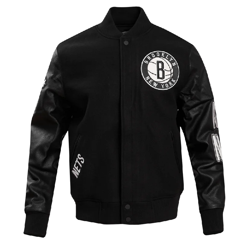 men's sleek jackets -NBA BROOKLYN NETS CLASSIC WOOL MEN'S VARSITY JACKET (BLACK)