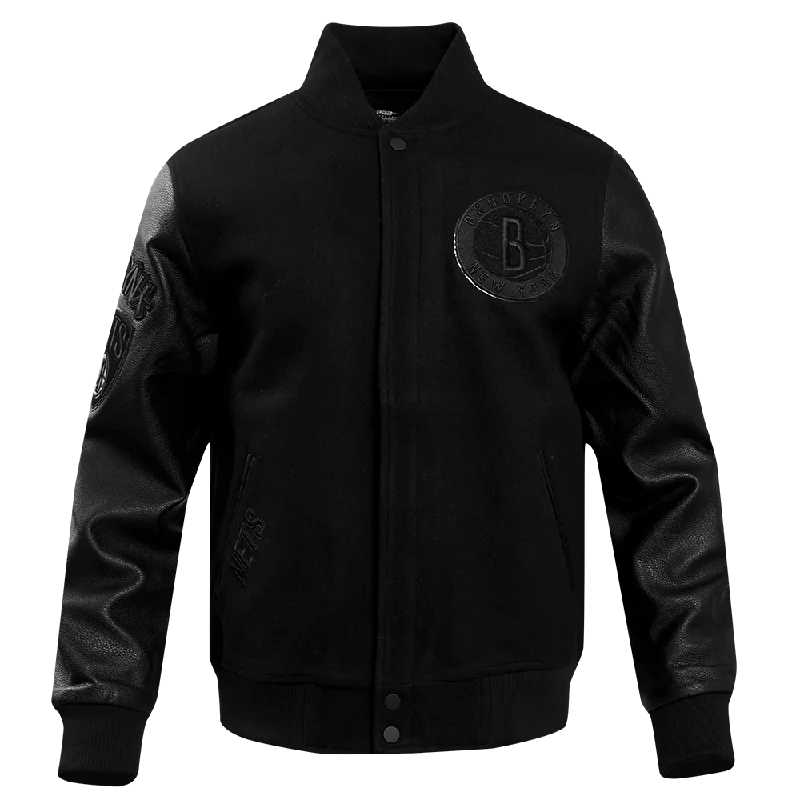 men's double-breasted jackets -NBA BROOKLYN NETS TRIPLE BLACK MEN'S VARSITY JACKET (BLACK)