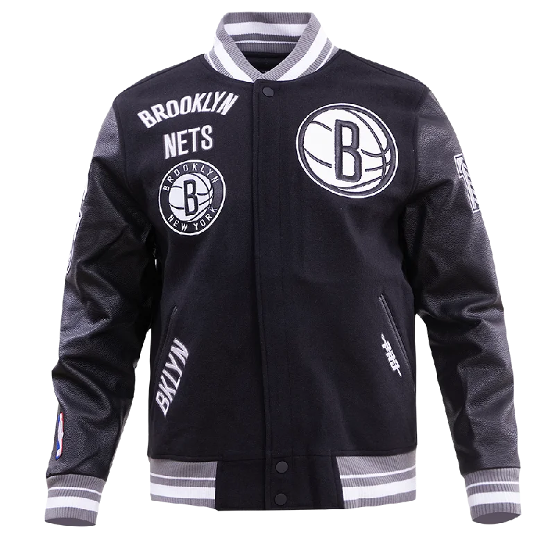 men's ski jackets -NBA BROOKLYN NETS RETRO CLASSIC MEN'S RIB WOOL VARSITY JACKET (BLACK/GREY)