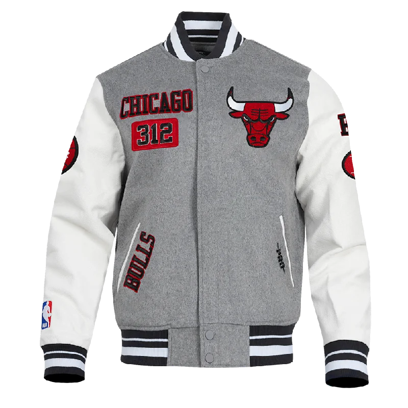 men's slim-fit jackets -NBA CHICAGO BULLS AREA CODE MEN'S RIB WOOL VARSITY JACKET (HEATHER GREY/WHITE/BLACK)