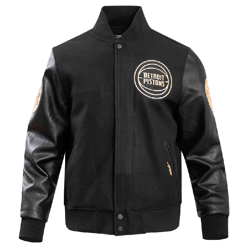 men's sports jackets -DETROIT PISTONS GOLD LOGO SATIN JACKET (BLACK)