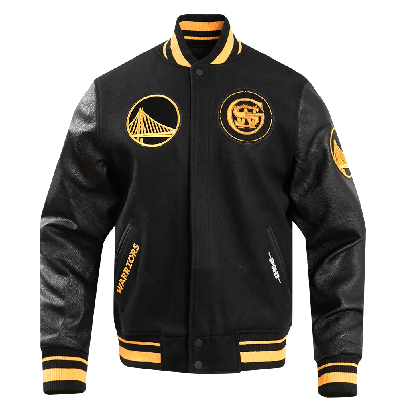 men's padded winter jackets -NBA GOLDEN STATE WARRIORS MEN'S CHEST BAY AREA RIB WOOL VARSITY JACKET (BLACK/YELLOW)