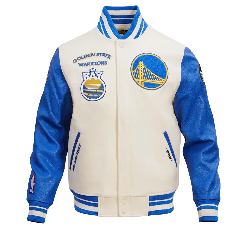 men's casual jackets -NBA GOLDEN STATE WARRIORS RETRO CLASSIC MEN'S RIB WOOL VARSITY JACKET (EGGSHELL/ROYAL BLUE)