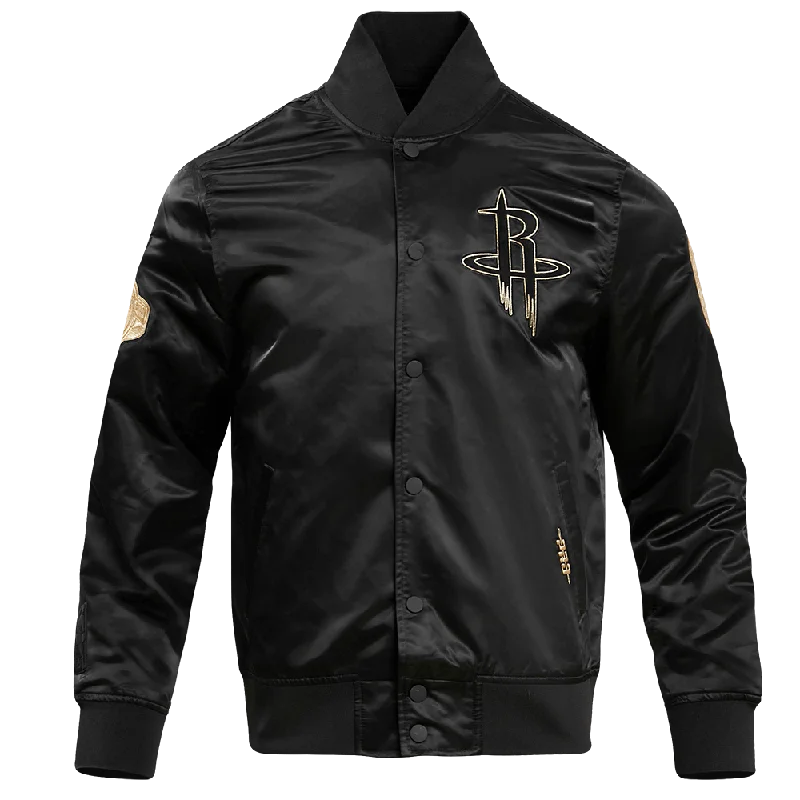 men's button-up jackets -NBA HOUSTON ROCKETS GOLD LOGO SATIN MEN'S JACKET (BLACK)