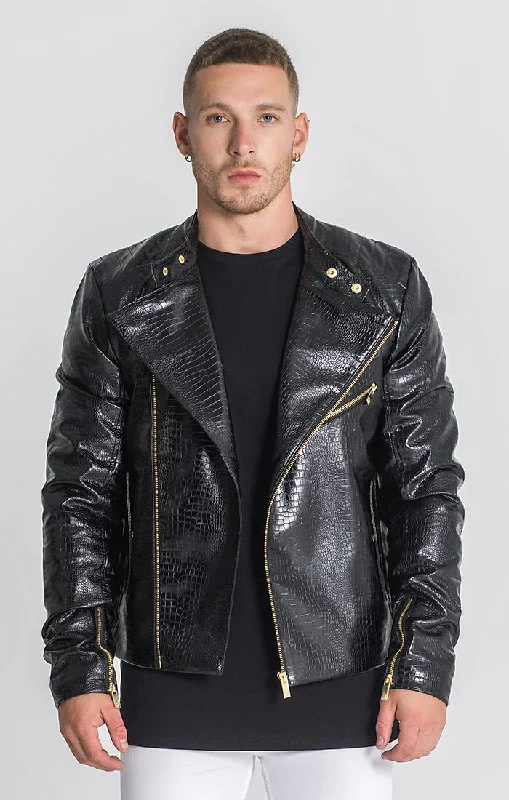 men's light jacket for spring -Black Legacy Textured Biker Jacket