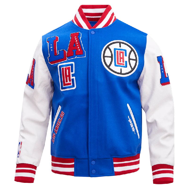 men's fashion jackets -NBA LOS ANGELES CLIPPERS MASHUP MEN'S RIB WOOL VARSITY JACKET (ROYAL BLUE/RED)