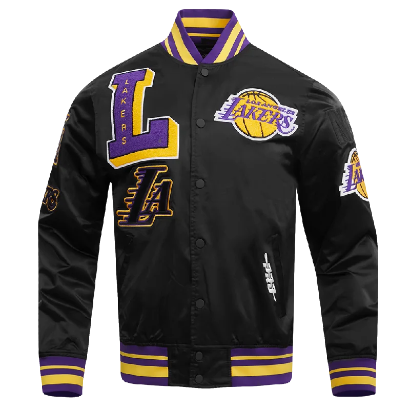 men's coat jackets for fall -NBA LOS ANGELES LAKERS MASHUP MEN'S RIB SATIN JACKET (BLACK/PURPLE)