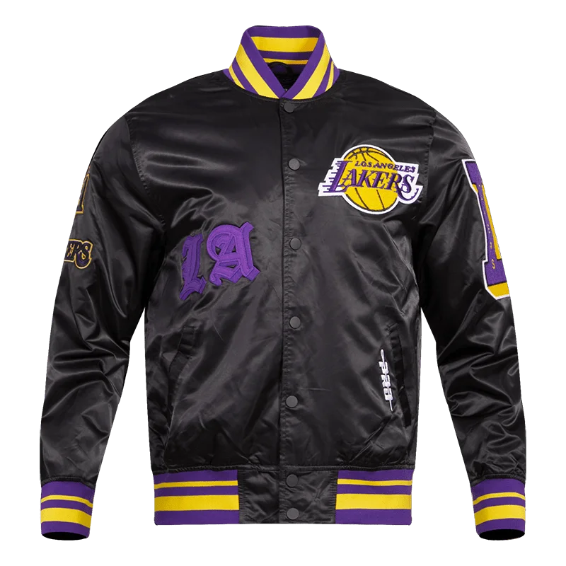 men's outdoor jackets -NBA LOS ANGELES LAKERS OLD ENGLISH LOGO MEN'S SATIN JACKET (BLACK/PURPLE)