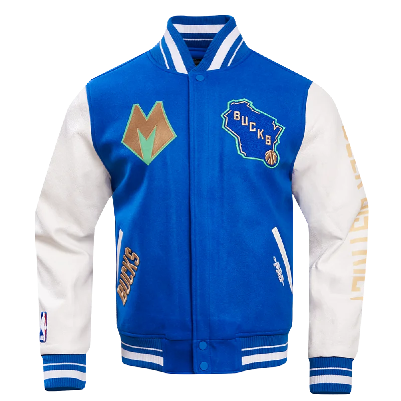 men's double-breasted jackets -NBA MILWAUKEE BUCKS MEN'S CHEST DEER DISTRICT RIB WOOL VARSITY JACKET (ROYAL BLUE/WHITE)