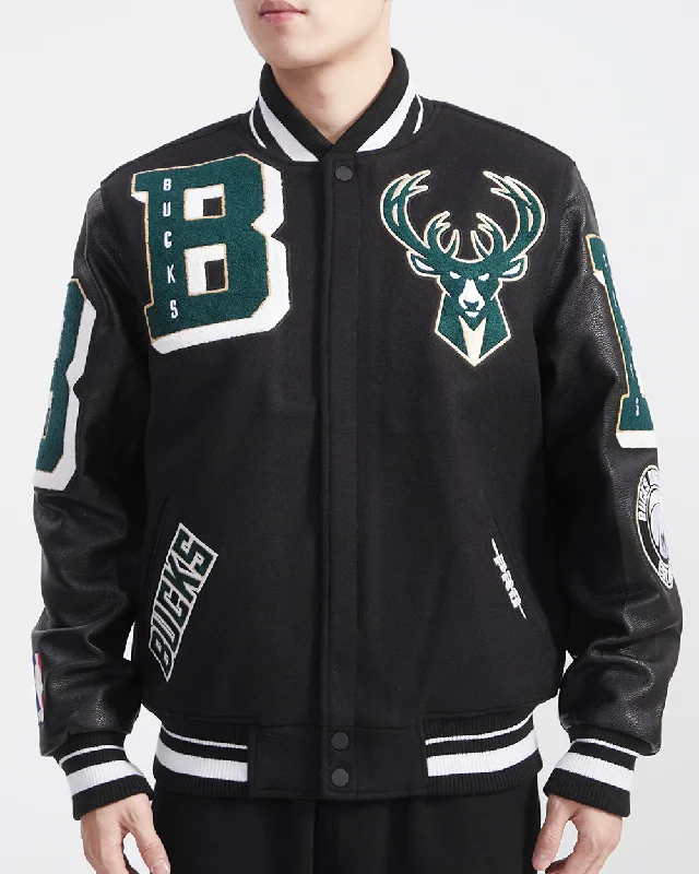 men's premium jackets -NBA MILWAUKEE BUCKS MASHUP MEN'S RIB WOOL VARSITY JACKET (BLACK)