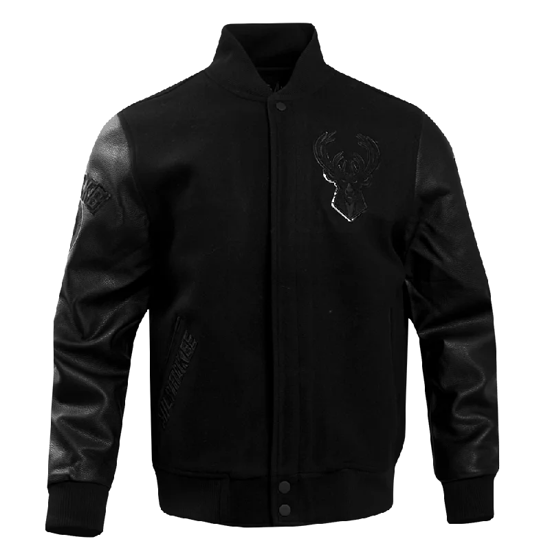 men's padded winter jackets -NBA MILWAUKEE BUCKS TRIPLE BLACK PRO MEN'S VARSITY JACKET (TRIPLE BLACK)