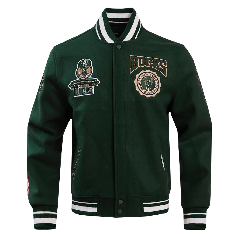 men's fashion jackets -NBA MILWAUKEE BUCKS CREST EMBLEM RIB WOOL VARSITY JACKET (FOREST GREEN)