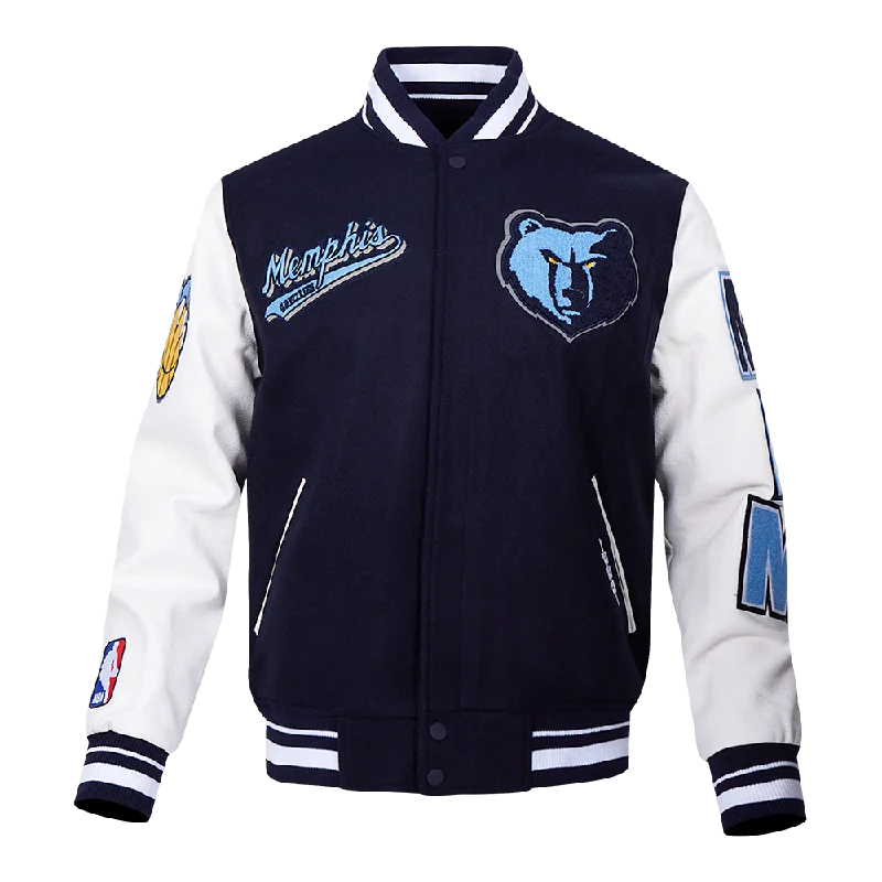 men's sleek jackets -NBA MEMPHIS GRIZZLIES SCRIPT TAIL MEN'S RIB WOOL VARSITY JACKET (MIDNIGHT NAVY/WHITE)